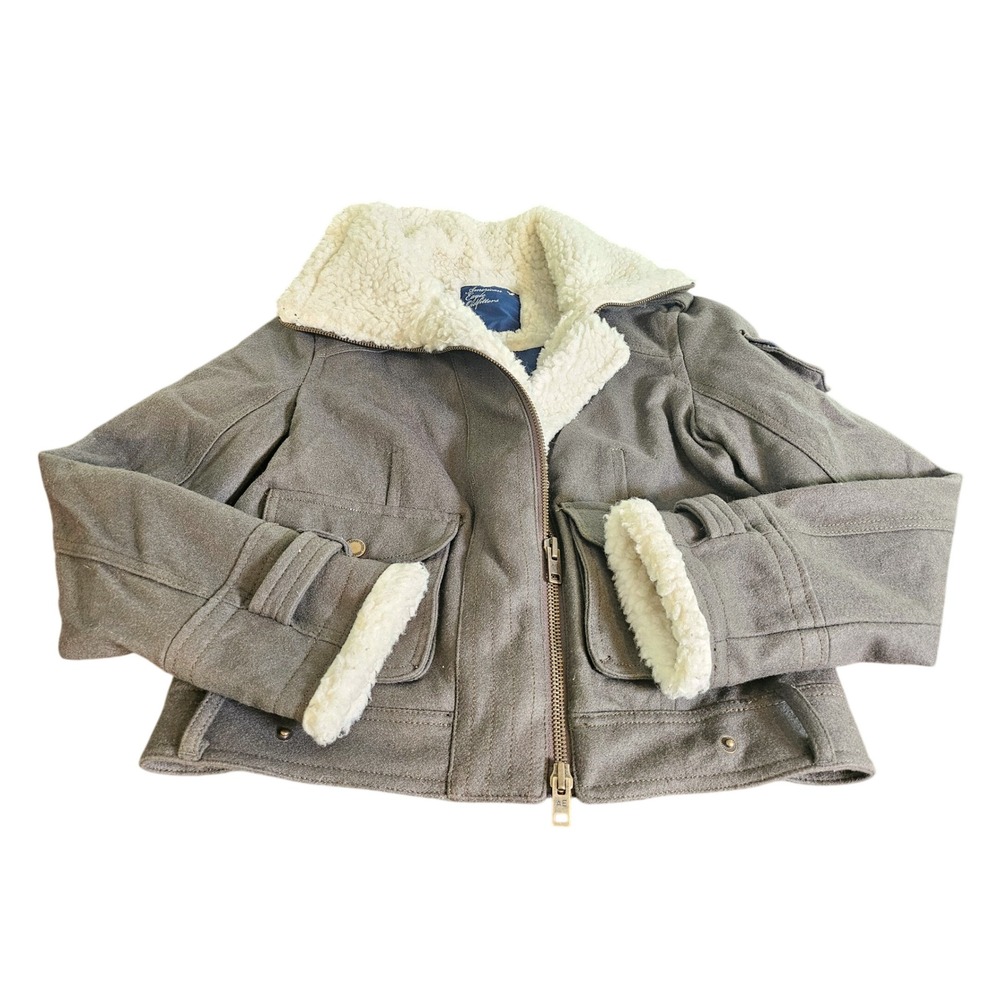 American Eagle Jacket Womens Medium Olive Sherpa Lined Aviator Bomber Utility